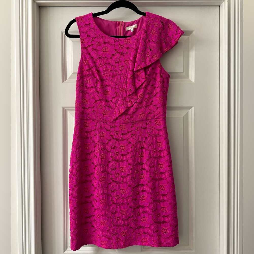Hot pink lace sheath dress with ruffle.